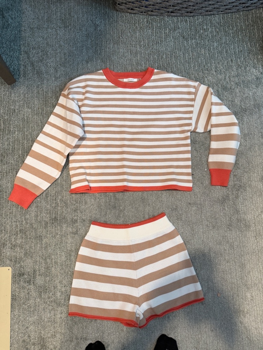 High Waist Striped Knit Shorts in Beige and White with Coral Trim